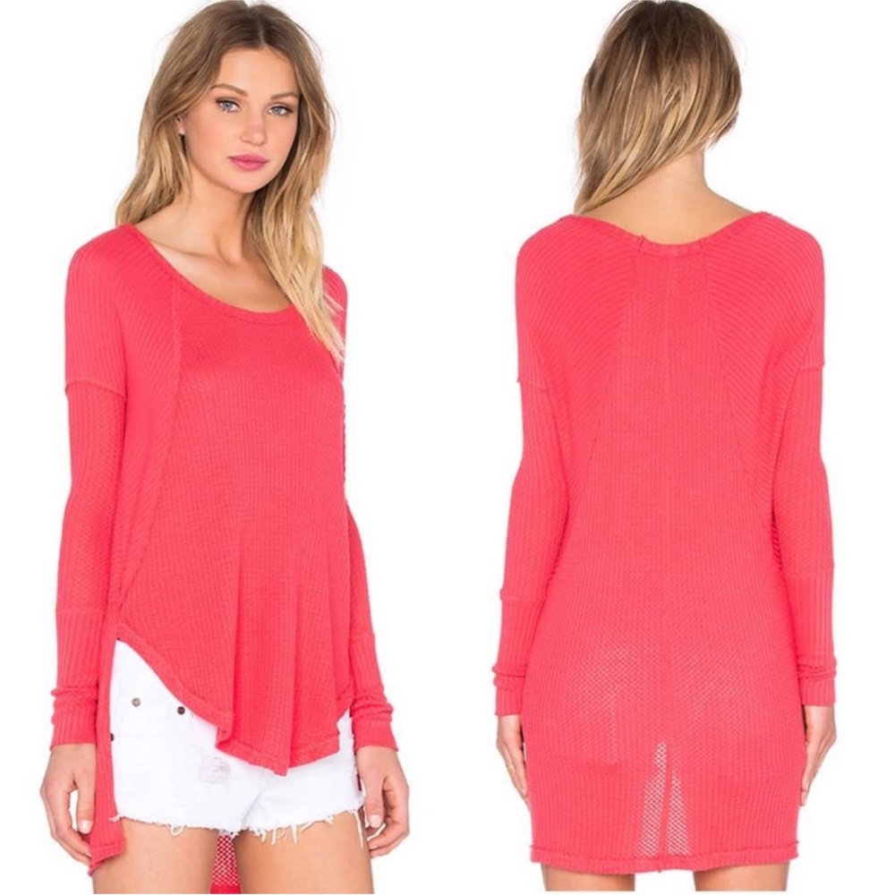Free People Ventura Slouchy Thermal Waffle Knit Top Pink Coral, XS